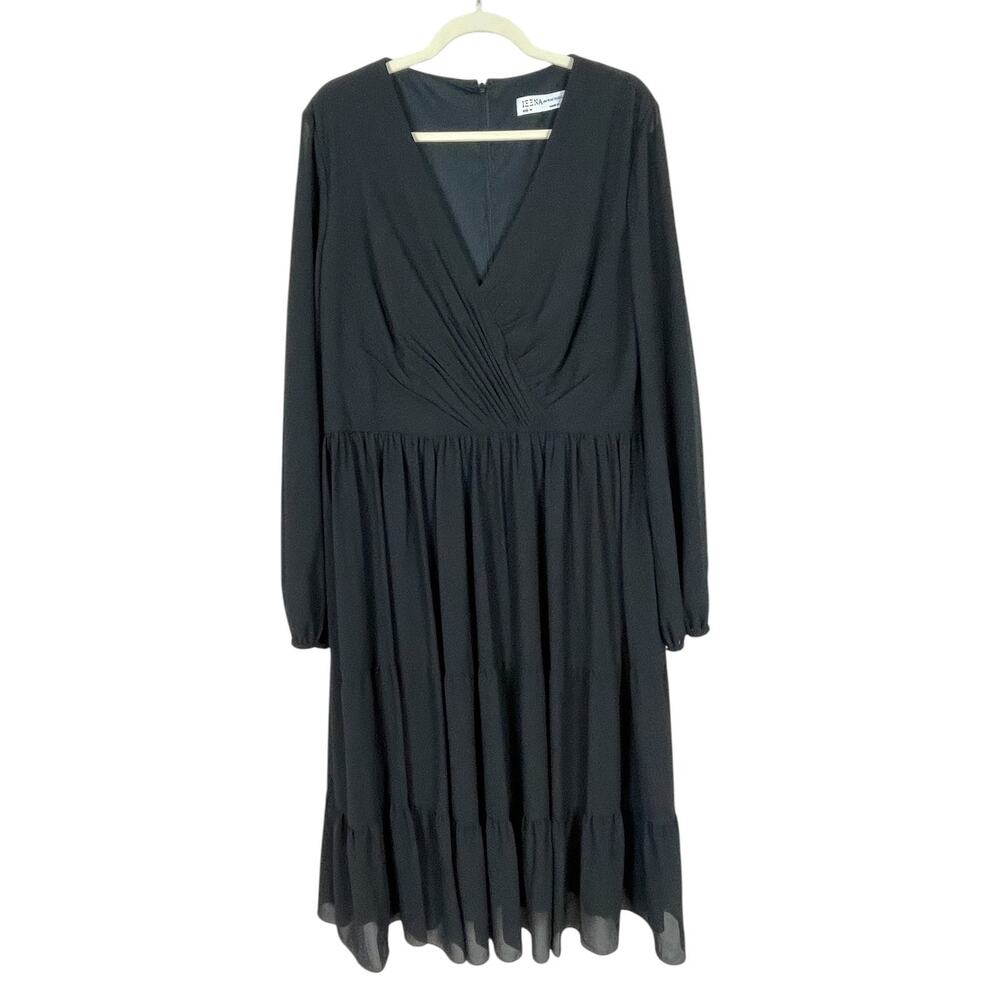 Ieena Mac Duggal Ruched V-Neck Tiered Midi Dress Chiffon Black Sz 14 NWT Chic